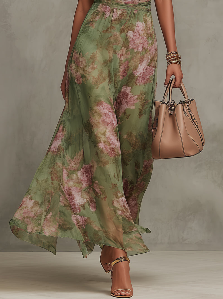 Serena ∙ Abito lungo verde floreale in chiffon con scollo a halter