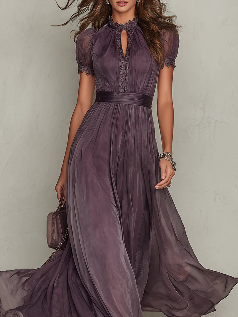 Flavia | Abito lungo viola con scollo a goccia e bordo in pizzo di chiffon