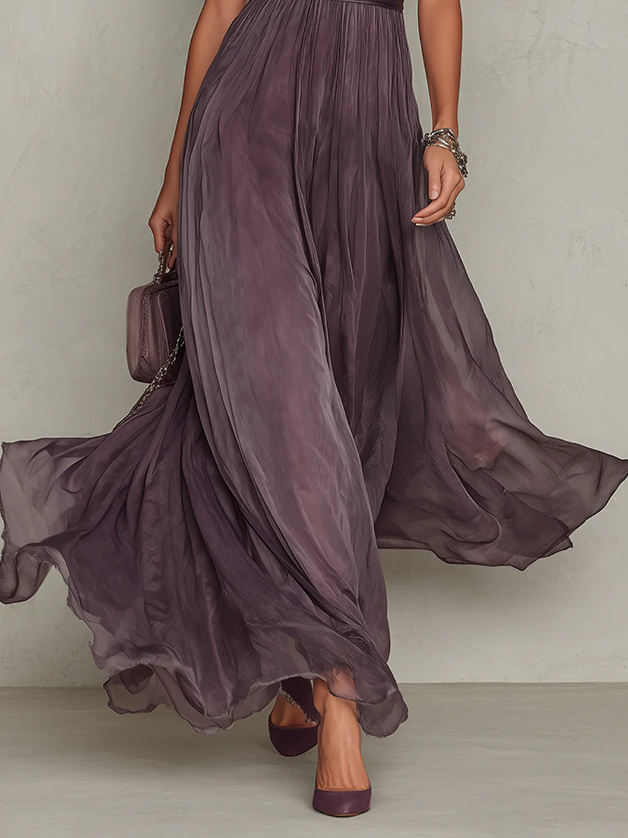 Flavia | Abito lungo viola con scollo a goccia e bordo in pizzo di chiffon