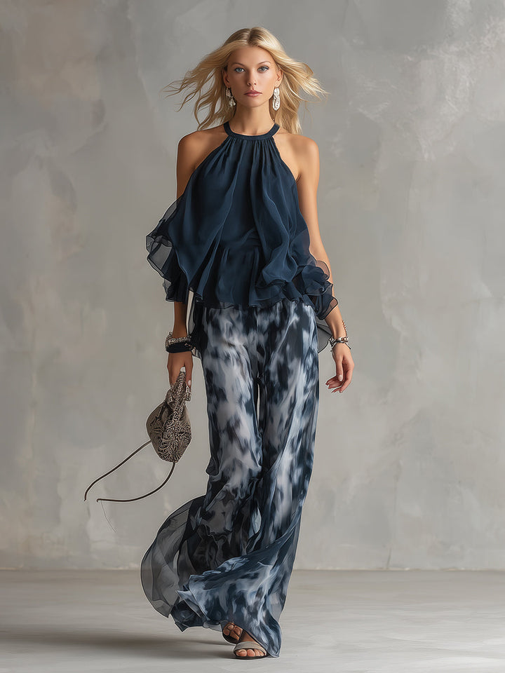 Ludovica - elegante in chiffon con top a collo alto e pantaloni larghi stampati