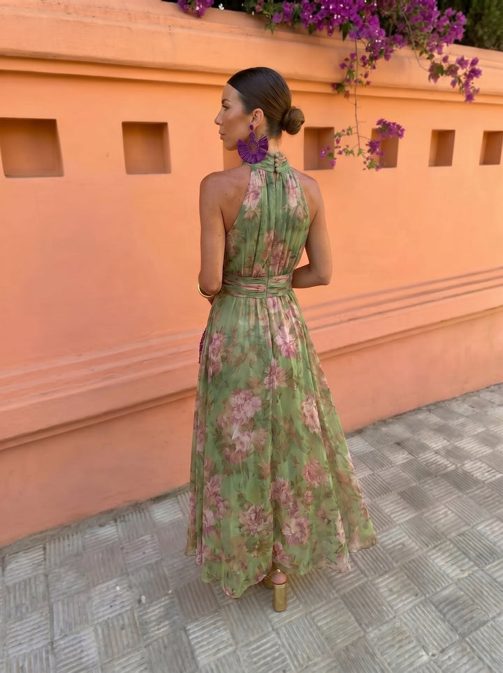 Florence | Abito Lungo Halter Floreale Verde