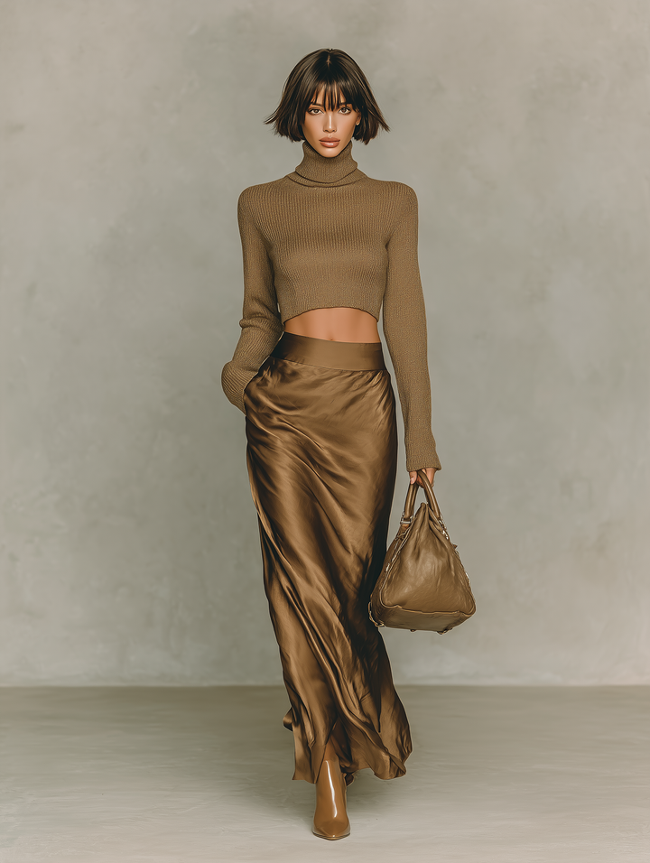 Maglione a collo alto dorato-marrone per donne, a maniche lunghe, abbinato a una gonna midi in satin