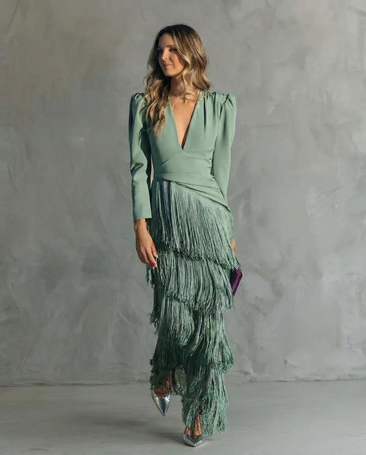 Clara™ | Abito midi elegante con maniche a frange