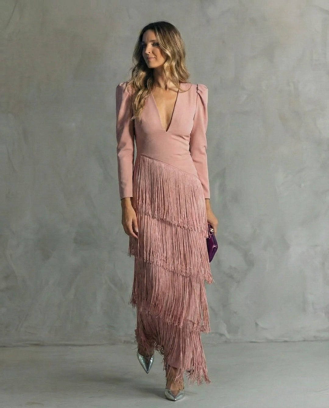 Clara™ | Abito midi elegante con maniche a frange