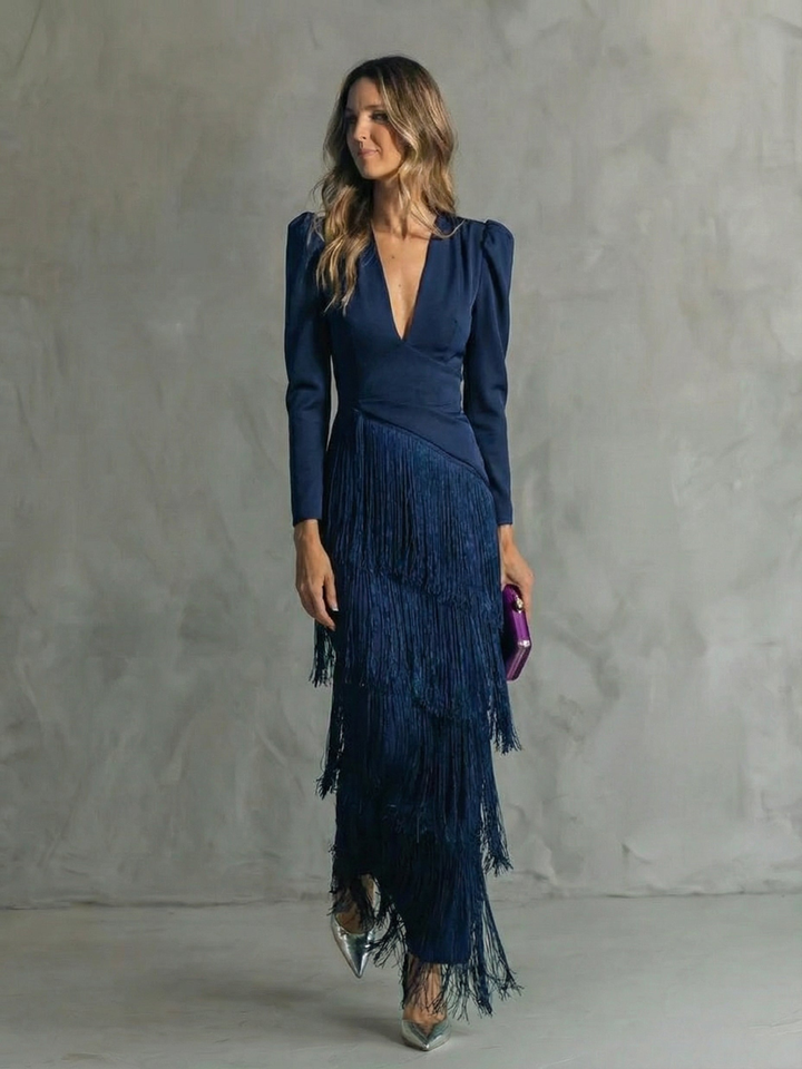 Alessia - Elegante abito midi con maniche a frange