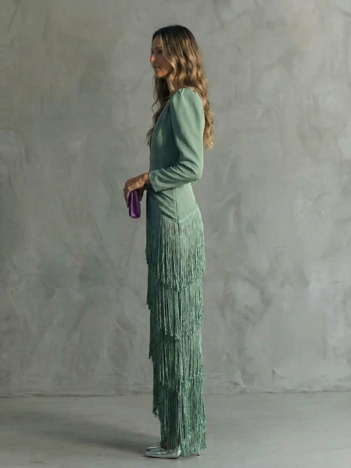 Alessia - Elegante abito midi con maniche a frange
