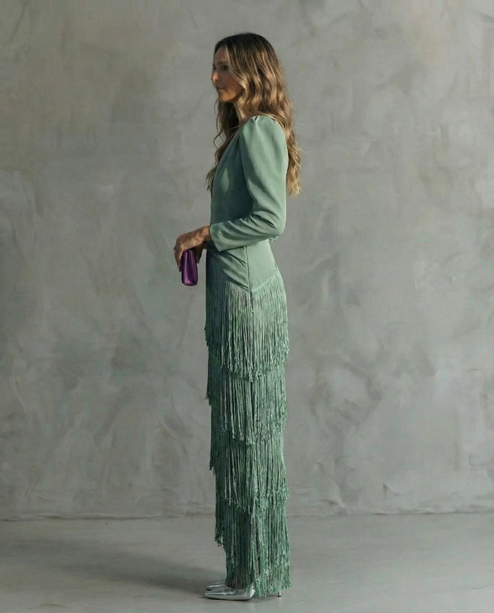 Clara™ | Abito midi elegante con maniche a frange