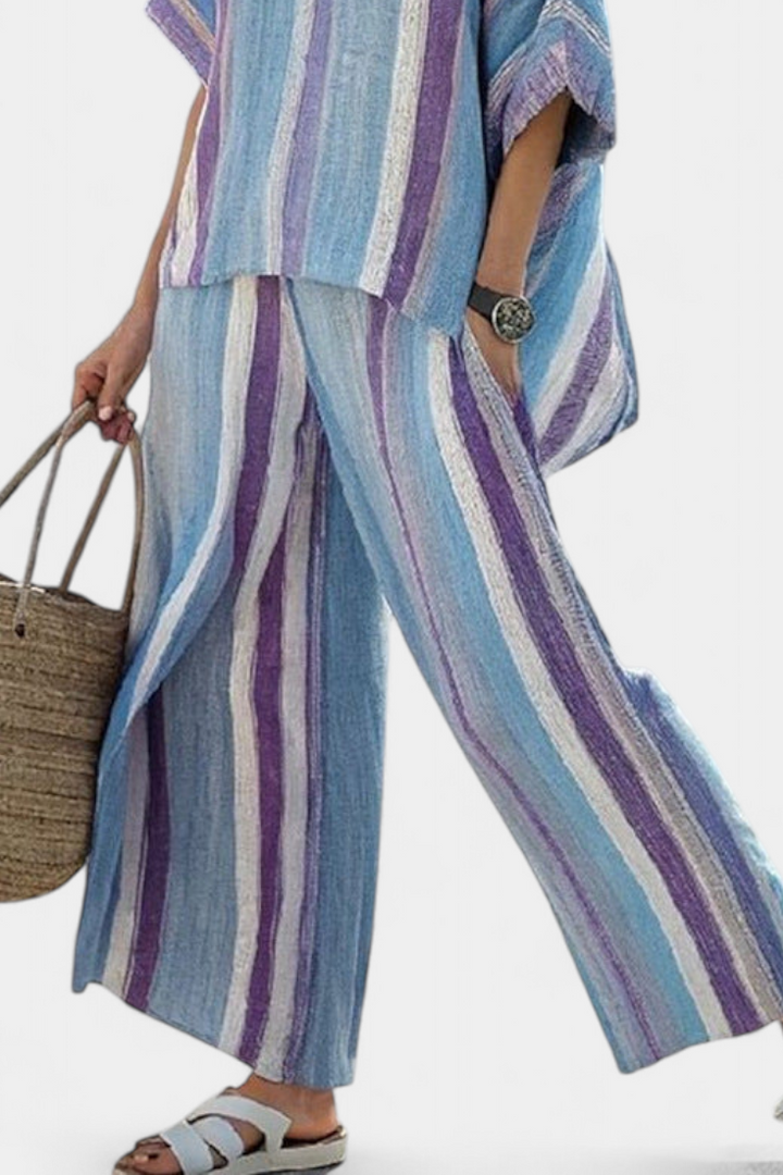 Ginevra – top pastello mauve elegante e pantaloni in lino a righe