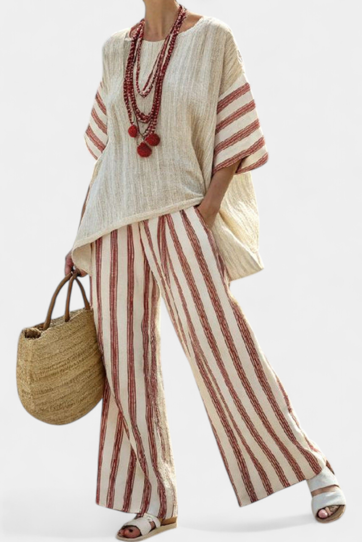 Completo Elegante Daisy con Strisce Rustiche in Rosso e Crudo per uno Stile Unico