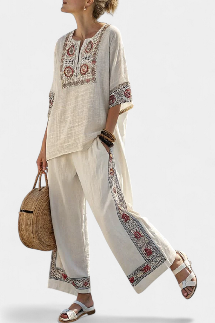 Completo Mediterraneo Daisy in lino di bambù con eleganti righe rosse e verdi