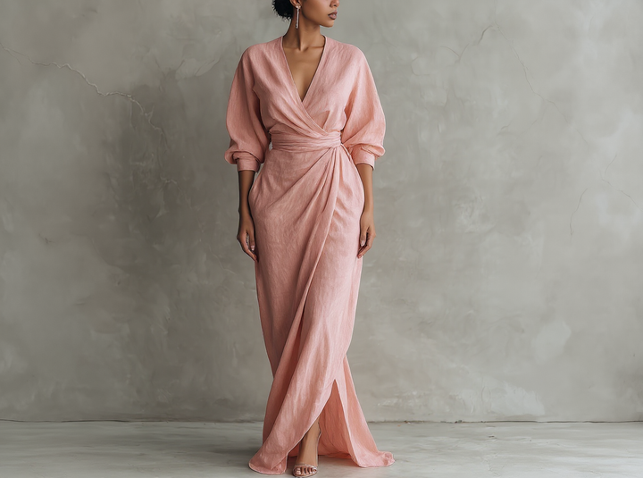Abito lungo minimalista rosa con scollo a V in misto lino da donna