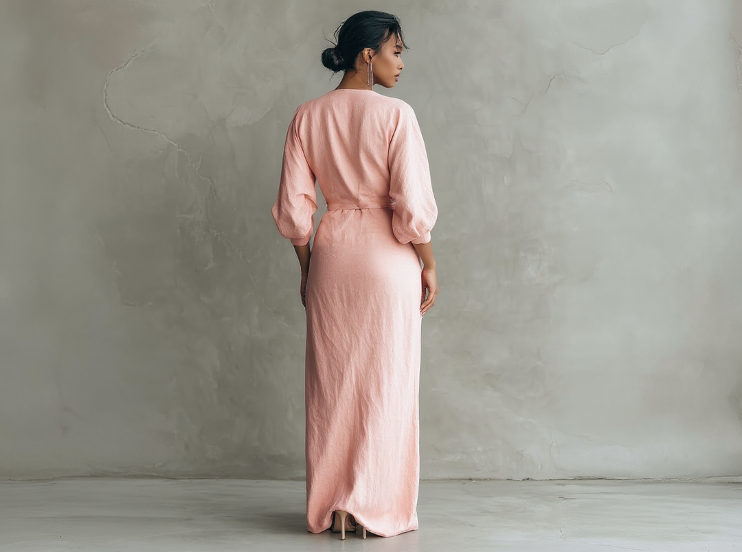 Abito lungo minimalista rosa con scollo a V in misto lino da donna