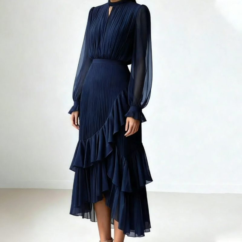 Elegante abito midi plissettato con volant
