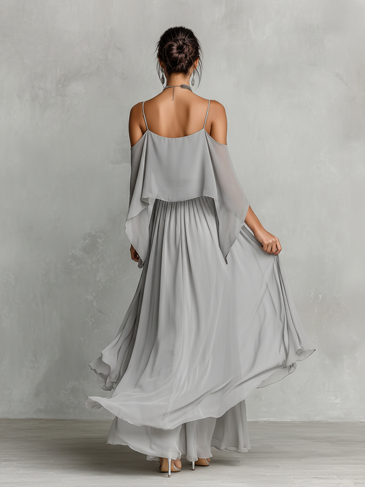 Completo in Chiffon Traspirante Grigio Donna con Dettaglio Spalle Scoperte & Silhouette Svasata, Stile Contemporaneo Lusso-Femminile